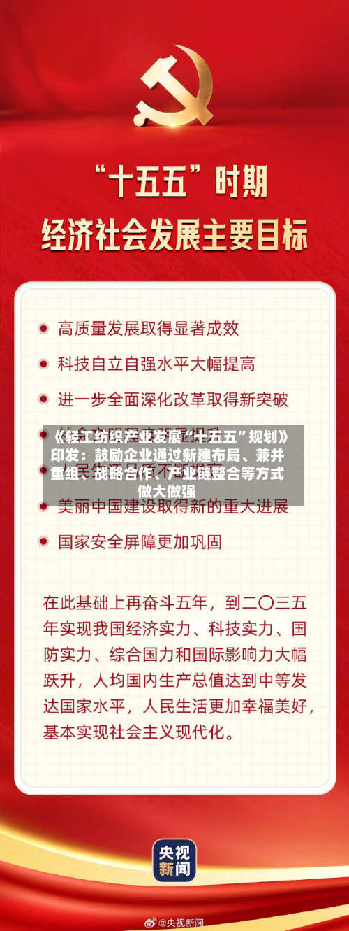 《轻工纺织产业发展“十五五”规划》印发：鼓励企业通过新建布局、兼并重组、战略合作、产业链整合等方式做大做强