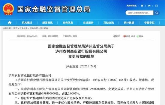 泸州农商银行获批增资至39.8亿元	，泸州老窖集团、兴泸资产认购，持股均超5%